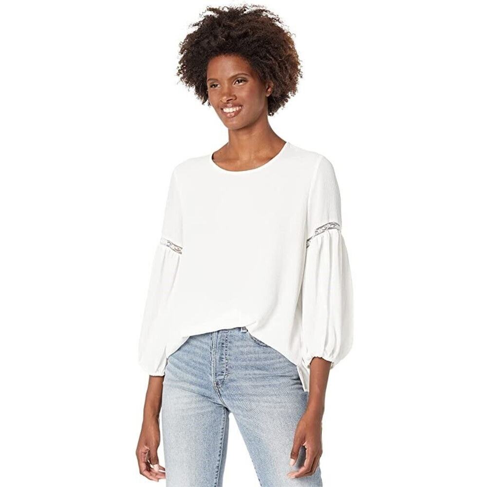 Vince Camuto Women Ivory Crepe Relaxed Boho Balloon Sleeve Blouse Size XS
